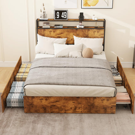 Queen Bed Frame with 4 Storage Drawers, Wooden Headboard with Charging Station & Adjustable LED Lights, Large Under-Bed Space, Queen Metal Platform Bed Base, No Box Spring Needed, Brown