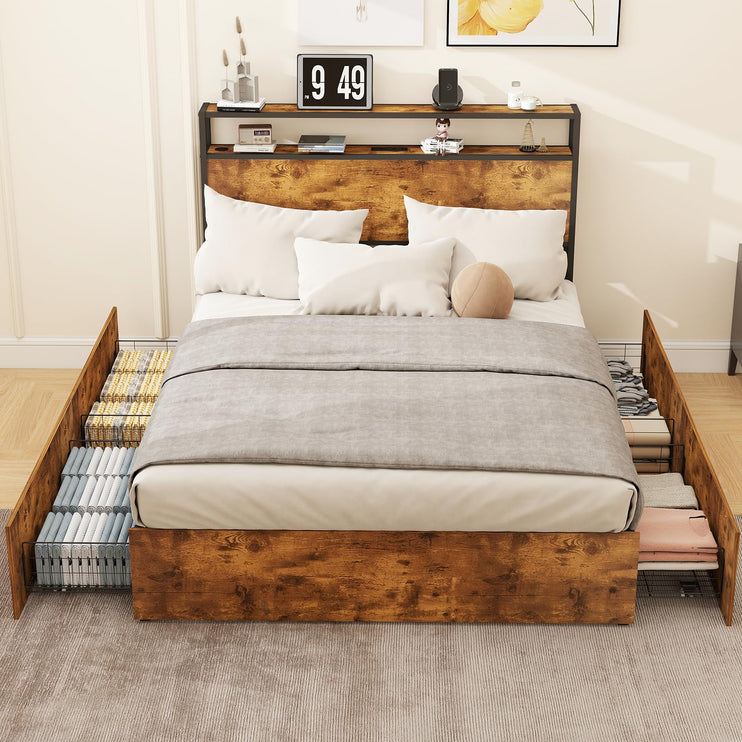 Queen Bed Frame with 4 Storage Drawers, Wooden Headboard with Charging Station & Adjustable LED Lights, Large Under-Bed Space, Queen Metal Platform Bed Base, No Box Spring Needed, Brown