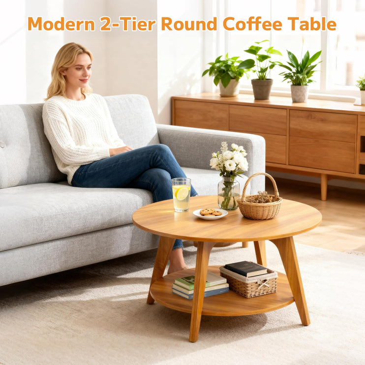 Round Coffee Table, 31.5" Small Coffee Table with Storage Shelf, 2-Tier Circle Wood Rustic Center Table, Farmhouse Style Small Coffee Tables for Living Room, Apartment, Walnut