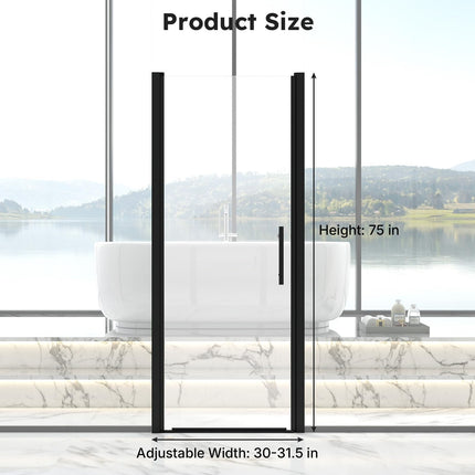Adjustable 30-31.5" W x 75" H Semi-Frameless Pivot Shower Door, 1/4" (6mm) Clear Tempered Glass Shower Door, Pivot Swing Shower Glass Door, Reversible Installation, Black