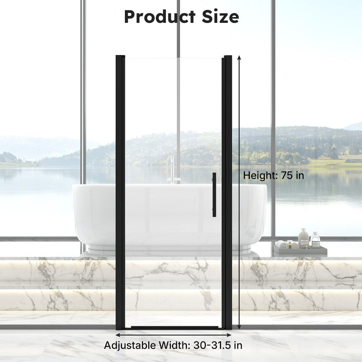 Adjustable 30-31.5" W x 75" H Semi-Frameless Pivot Shower Door, 1/4" (6mm) Clear Tempered Glass Shower Door, Pivot Swing Shower Glass Door, Reversible Installation, Black
