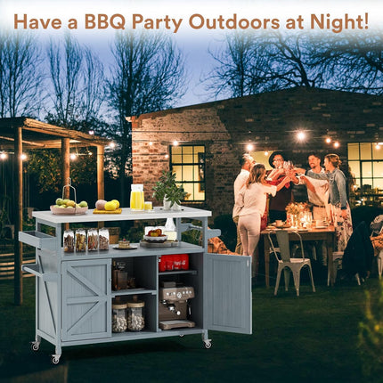 Outdoor Grill Cart with Storage, Stainless Steel Tabletop Outdoor Kitchen Island, Fir Wood Outdoor Buffet Cabinet with Lockable Wheels for Grilling, Gray-Blue