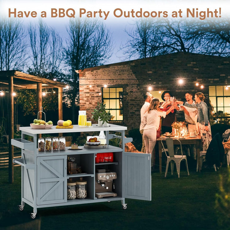 Outdoor Grill Cart with Storage, Stainless Steel Tabletop Outdoor Kitchen Island, Fir Wood Outdoor Buffet Cabinet with Lockable Wheels for Grilling, Gray-Blue