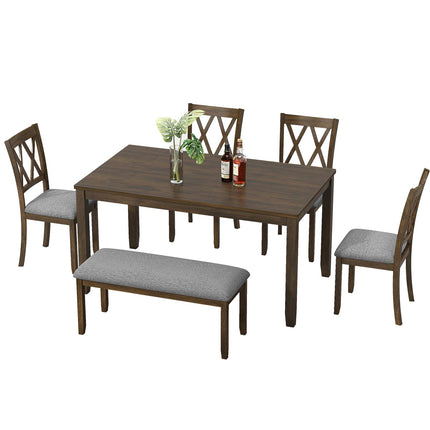 6-Piece Solid Wood Dining Table Set, Dining Table & Chair Set for 6, Including 1 Dining Table, 4 Upholstered Chairs and 1 Bench, Dining Table Set for Dining Room & Kitchen, Walnut