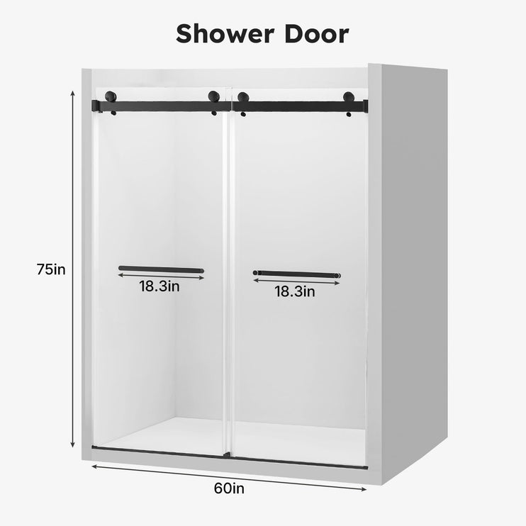 56"-60" W x 75" H Frameless Shower Door, Double Sliding Shower Doors with 5/16" (8mm) Clear Tempered Glass, Noiseless Shatterproof Shower Door, 304 Stainless Steel, Black