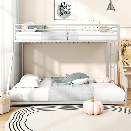 Twin Over Full Bunk Bed, Metal Low Profile Bunkbeds with Full-Length Guardrail and Ladder, Space Saving, No Boxing Spring Needed, White