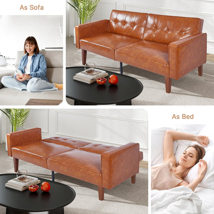 Futon Sofa Bed Futon Couch Loveseat, Convertible Recliner Lounge with Adjustable Backrest, Foam and Spring Cushions for Living Room Apartment Office, PU Leather, Brown