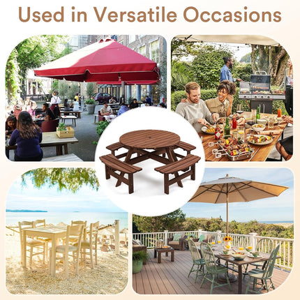 8 Person Wood Picnic Table, Round Tabletop with Umbrella Hole, 4 Integrated Curved Benches, 2220LBS Overall Capacity for Patios, Backyard, Rustic Brown