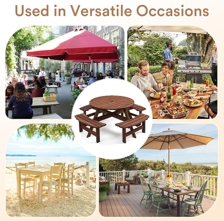 8 Person Wood Picnic Table, Round Tabletop with Umbrella Hole, 4 Integrated Curved Benches, 2220LBS Overall Capacity for Patios, Backyard, Rustic Brown