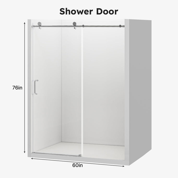 56"-60" W x 76" H Frameless Sliding Shower Door, Bathroom Sliding Door with 1/4'' Tempered Glass, Explosion-Proof Film, Silent Soft-Close Shower Door, Stainless Steel Handle, Brushed Nickel