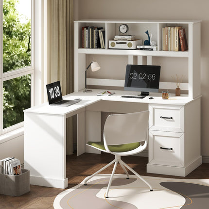 60" L Shaped Desk with Hutch and Drawers, Corner Computer Desk with Open Storage Shelves, Wooden Executive Desk for Home Office or Bedroom, Modern White