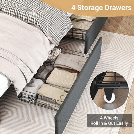 Queen Bed Frame with 4 Storage Drawers, Queen Size Upholstered Bed Frame with Headboard, LED, Charging Station with USB Ports & AC Outlets, Sturdy Metal Slat Support, Noiseless, Gray