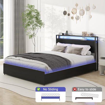 Full Bed Frame with 4 Storage Drawers, Full Size Bed Frame with Headboard, LED, Charging Station with USB Ports & AC Outlets, Sturdy Metal Slat Support, No Noise, Black