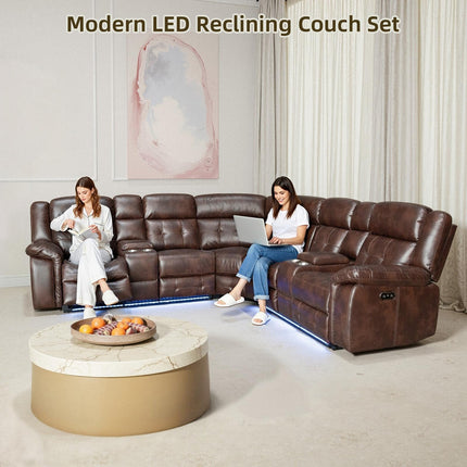 Power Leather Reclining Sofa with LED, Leather Couch with USB Port & Cup Holder/Storage Console for Living Room, Modern Power Recliner Sofa Sets with 2 Recliner Sectional, Brown