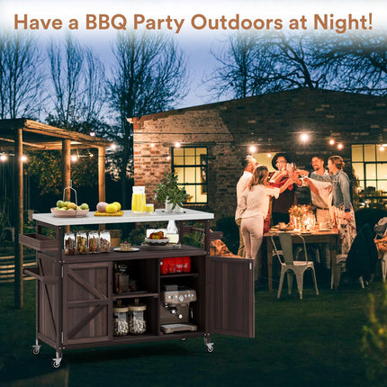 Outdoor Grill Cart with Storage Space, Stainless Steel Tabletop Outdoor Kitchen Island, Fir Wood Outdoor Buffet Cabinet with Lockable Casters for Grilling, Brown