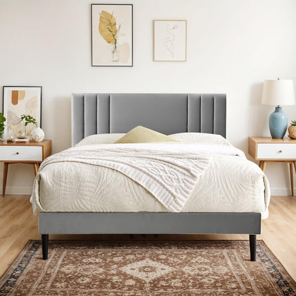 Upholstered Bed Frame King, PU Leather Upholstered Bed Frame with Headboard, Mattress Foundation with Sturdy Wooden Slats, No Box Spring Needed, No Noise, Grey