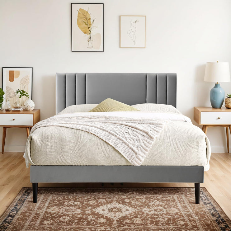 Upholstered Bed Frame King, PU Leather Upholstered Bed Frame with Headboard, Mattress Foundation with Sturdy Wooden Slats, No Box Spring Needed, No Noise, Grey