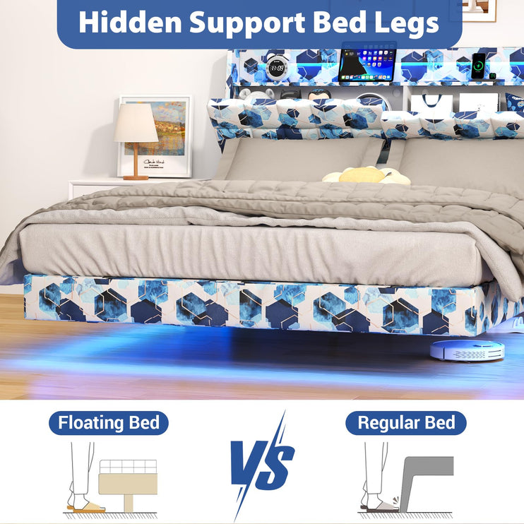 Floating Queen Bed Frame with Storage, Upholstered Platform Bed Frame Queen with LED Lights, Floating Bed Frame with Headboard, Charging Station with USB Ports, No Noise, Blue