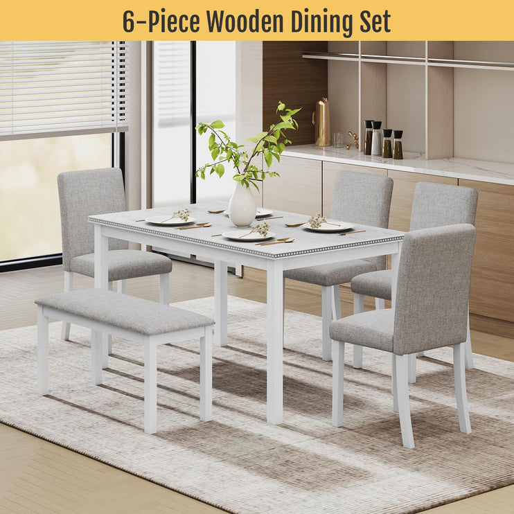 6-Piece Solid Wood Dining Table Set, Including 1 Dining Table, 4 Upholstered Chairs and 1 Bench, Wooden Legs Dining Table Set for Dining Room, Kitchen, Restaurant, White Diamond