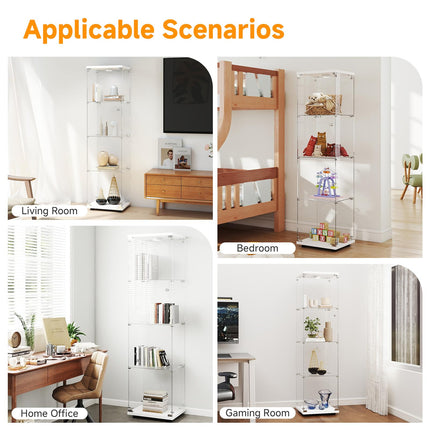 Tempered Glass Display Cabinet with Lights, 4-Tier Curio Cabinet with Glass Doors and Lock, Glass Display Case for Collectibles, for Living Room, Office, Bedroom, Single Door, White