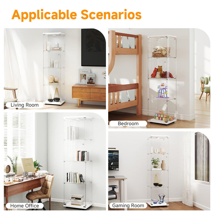 Tempered Glass Display Cabinet with Lights, 4-Tier Curio Cabinet with Glass Doors and Lock, Glass Display Case for Collectibles, for Living Room, Office, Bedroom, Single Door, White