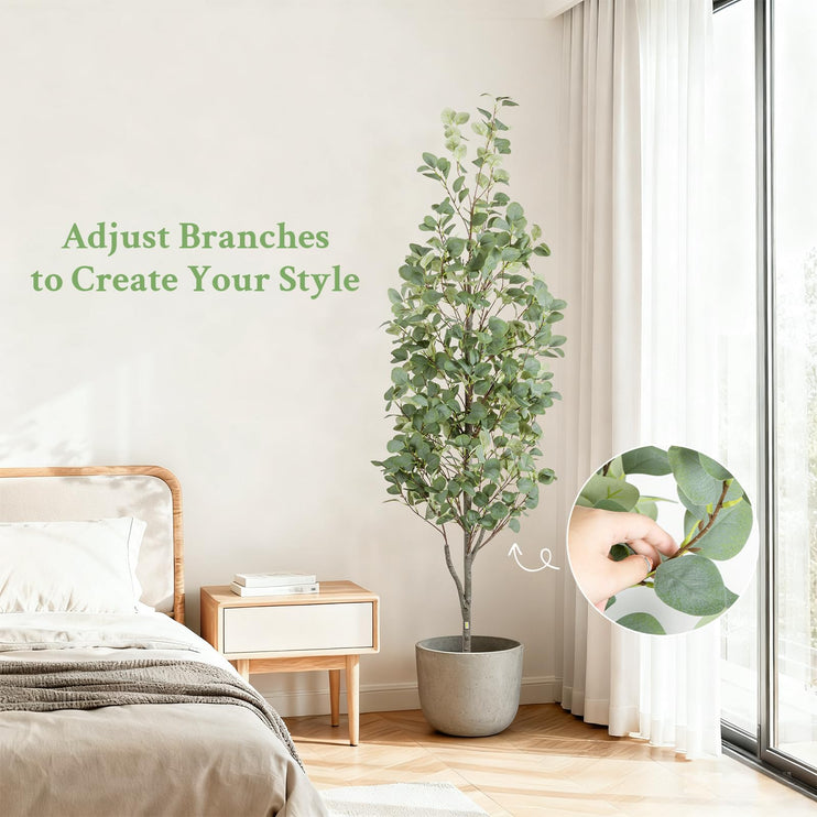 6FT Artificial Eucalyptus Tree with Wicker Basket & Black Pot, Indoor Green Faux Eucalyptus Trees, Fake Eucalyptus Plants with Lifelike Leaves & Natural Trunk for Home Office Bedroom, 1 Pack