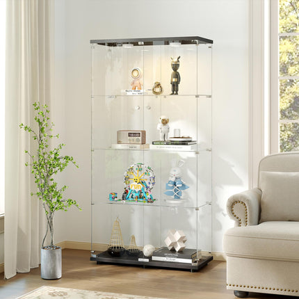 Tempered Glass Display Cabinet with Lights, 4-Tier Curio Cabinet with Glass Doors and Lock, Glass Display Case for Collectibles, for Living Room, Bedroom, Office, Black, Double Door