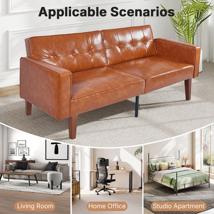 Futon Sofa Bed Futon Couch Loveseat, Convertible Recliner Lounge with Adjustable Backrest, Foam and Spring Cushions for Living Room Apartment Office, PU Leather, Brown