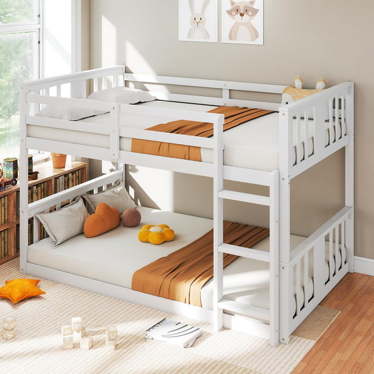 Wooden Low Bunk Bed Twin Over Twin, Solid Pine Bed Frame with Built-in Ladder, Convertible Bed Frame That Separates into 2 Twin Beds, Floor Bunk Bed for Small Spaces, Bedroom, White