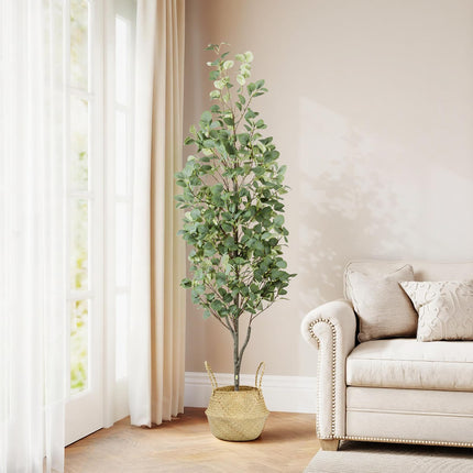 6FT Artificial Eucalyptus Tree with Wicker Basket & Black Pot, Indoor Green Faux Eucalyptus Trees, Fake Eucalyptus Plants with Lifelike Leaves & Natural Trunk for Home Office Bedroom, 2 Pack
