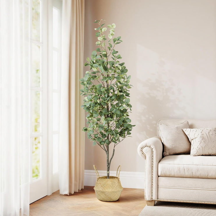 6FT Artificial Eucalyptus Tree with Wicker Basket & Black Pot, Indoor Green Faux Eucalyptus Trees, Fake Eucalyptus Plants with Lifelike Leaves & Natural Trunk for Home Office Bedroom, 2 Pack