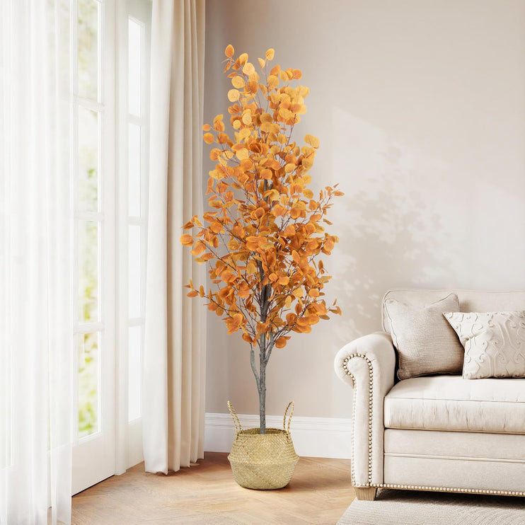 6FT Artificial Eucalyptus Tree with Wicker Basket & Black Pot, Indoor Green Faux Eucalyptus Trees, Fake Eucalyptus Plants with Lifelike Leaves & Natural Trunk for Home Office Bedroom, 1 Pack