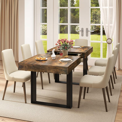 63"-78.7" Expandable Dining Table, 6-10 Farmhouse Kitchen Table, Extendable Dining Table, Rectangular Kitchen Table with Metal Track, Tapered U-Shaped Leg for Dining Room,Office-Rustic Brown