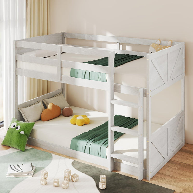 Wooden Bunk Bed Twin Over Twin, Low Bunk Bed, Solid Rubberwood Bed Frame with Built-in Ladder, Floor Bunk Bed for Bedroom, Space Saving, No Box Spring Needed, Antique White
