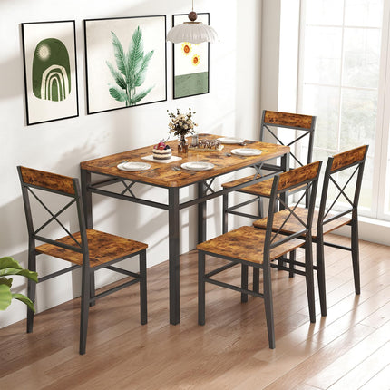 5-Piece Dining Table Set, Dining Table Set for 4, Small Kitchen Table Set for 4, Wood Dining Room Table, with 4 Curved Backrest Chairs, Compact Dining Set for Small Spaces & Kitchen-Brown