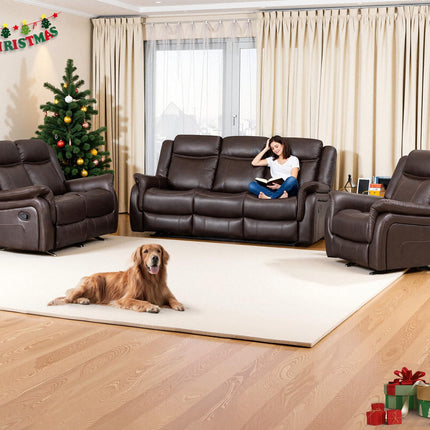 3-Piece Recliner Sofa Set, 1+2+1, 1+3+1, 1+2+3 Pieces in Living Room, Loveseat Sofa, Recliner Chair & Sofa Set with PU Leather, Cup Holders, Backrest & Angle Adjustment for Office & Home Theater, Brown Seat