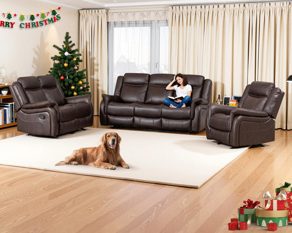3-Piece Recliner Sofa Set, 1+2+1, 1+3+1, 1+2+3 Pieces in Living Room, Loveseat Sofa, Recliner Chair & Sofa Set with PU Leather, Cup Holders, Backrest & Angle Adjustment for Office & Home Theater, Brown Seat