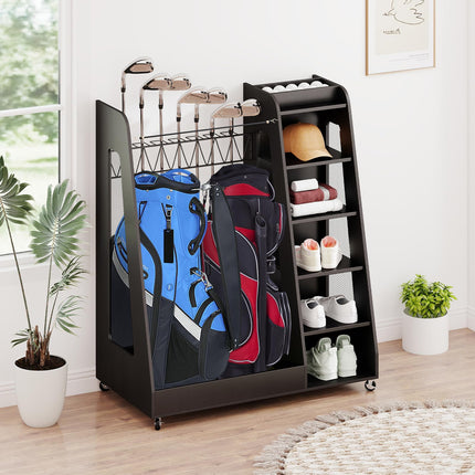 Wooden Golf Bag Organizer and Storage Rack, 2 Golf Bag Storage Rack with Wheels, Golf Storage Organizer for Garage, Suitable for Garage Home Golf Club, Black
