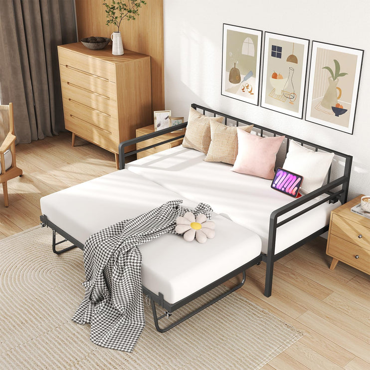 Twin Daybed with Pop Up Trundle, Metal Day Bed Frame with LED Lights and Charging Station, Day Bed with Trundle Bed Twin, Black Daybed for Living Room, Bedroom, Guest Room
