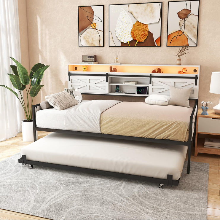 Twin Daybed with Trundle Bed, Rustic Farmhouse Daybed Frame with Sliding Barn Door Headboard LED Lights and Charging Station, Heavy Duty Metal Daybed for Bedroom Living Room Guest Room White