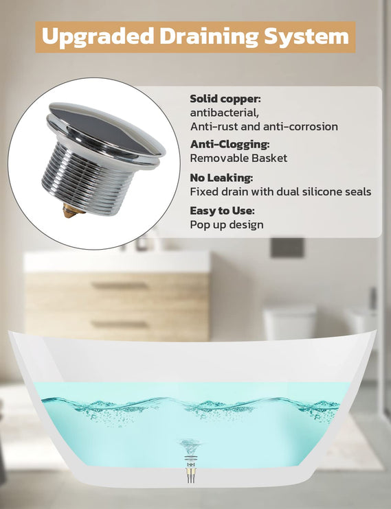 63" Acrylic Freestanding Bathtub, Glossy White Contemporary Soaking Tub with Toe-Tap Chrome Drain, Integrated Slotted Brushed Nickel Overflow, 61 Gal cUPC Certified Tub