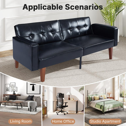 Futon Sofa Bed Futon Couch Loveseat, Convertible Recliner Lounge with Adjustable Backrest, Foam and Spring Cushions for Living Room Apartment Office, PU Leather, Glossy Black