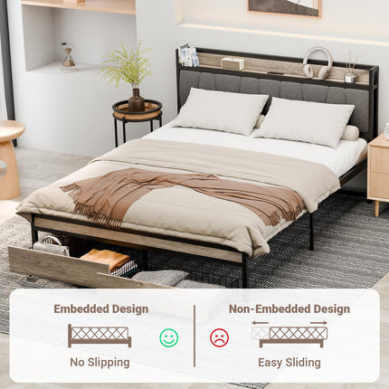 Queen Size Bed Frame with Charging Station, Storage Shelf Headboard with 2 USB Ports & 2 Power Outlets, Platform Bed Frame with 2 Drawers, No Box Spring Needed, Rustic Grey