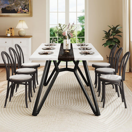 70.9" Dining Table for 6-8 People, Large Farmhouse Dining Room Table, Modern Rectangular Kitchen Table with Spacious Tabletop & Triangular-Shaped Steel Base for Kitchen, Dining Room-White