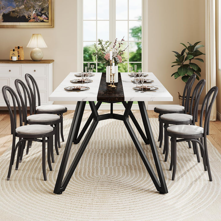 70.9" Dining Table for 6-8 People, Large Farmhouse Dining Room Table, Modern Rectangular Kitchen Table with Spacious Tabletop & Triangular-Shaped Steel Base for Kitchen, Dining Room-White