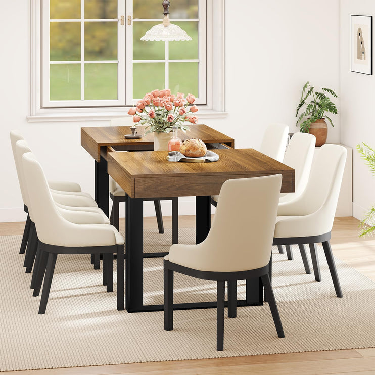 63"-78.7" Expandable Dining Table, 6-10 Extendable Dining Table, Farmhouse Kitchen Table with Slide Track, Tapered U-Shaped Wood Legs for Dining Room, Living Room-Brown