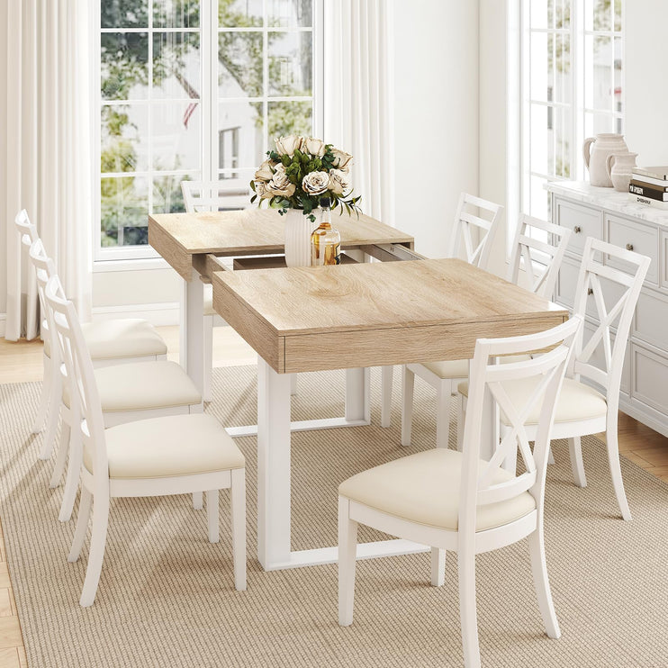 63"-78.7" Expandable Dining Table, 6-10 Farmhouse Kitchen Table, Extendable Dining Table, Rectangular Kitchen Table with Metal Track, Tapered U-Shaped Legs for Dining Room, Office-Oak