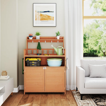 Outdoor Potting Bench Table for Outside, Solid Fir Wood Garden Horticultural Planting Workstation with Large Storage Cabinet and Top Shelf for Gardening, Patio, Backyard