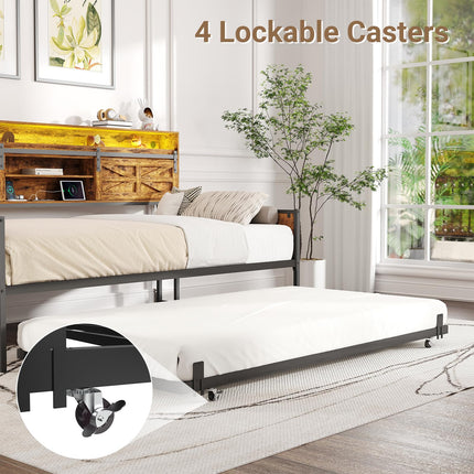 Twin Daybed with Trundle Bed, Rustic Farmhouse Daybed Frame with Sliding Barn Door Headboard LED Lights and Charging Station, Heavy Duty Metal Daybed for Bedroom Living Room Guest Room Brown