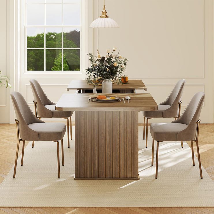 63"-78.7" Expandable Dining Table, 6-10 Farmhouse Kitchen Table, Rectangular Extendable Dining Table, with Metal Slide Track, Widened Wood Striped Legs for Dining Room-Beige Brown